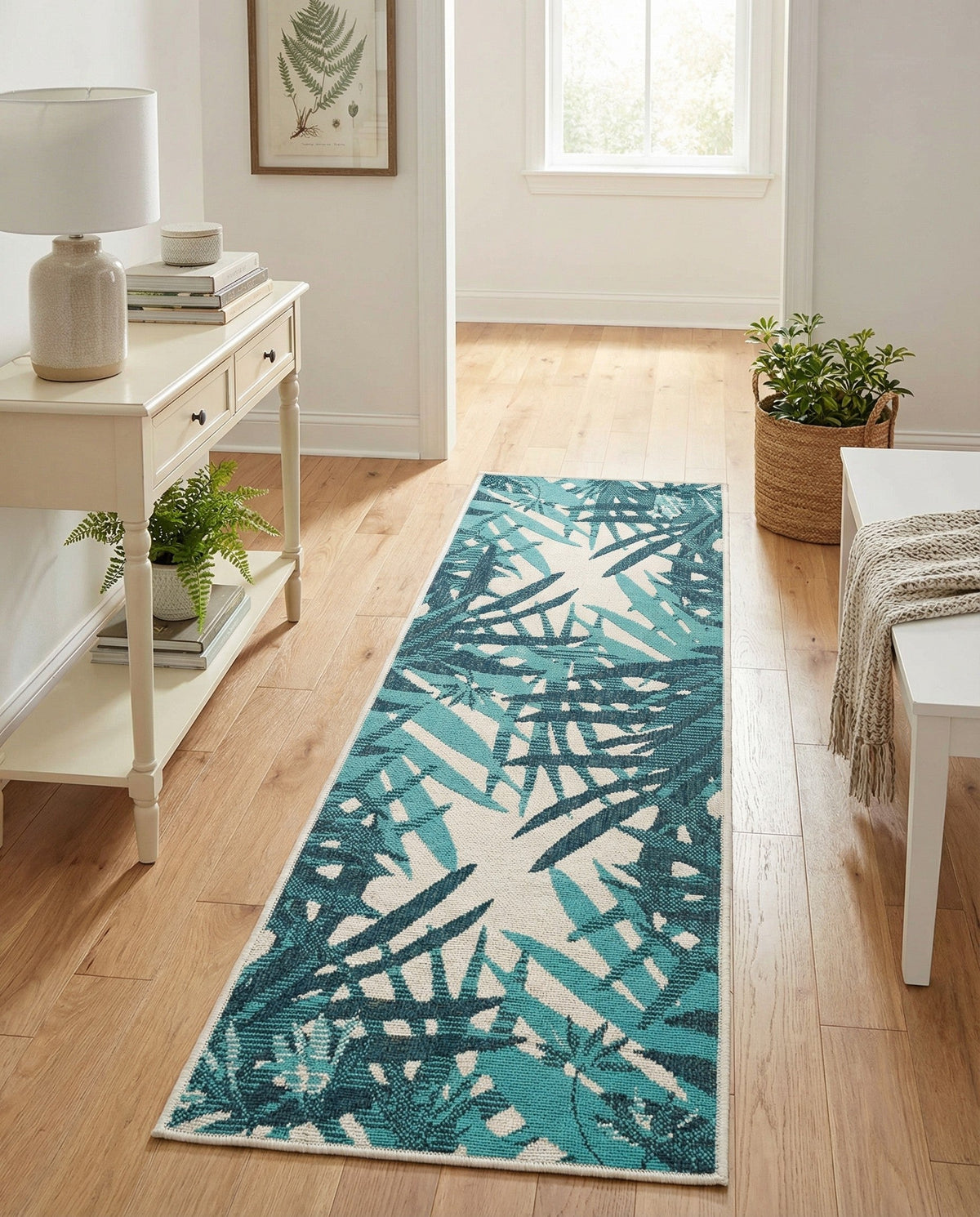 Seaside Blooms Collection Area Rug -  Provence Runner Teal blue  lifestyle 58