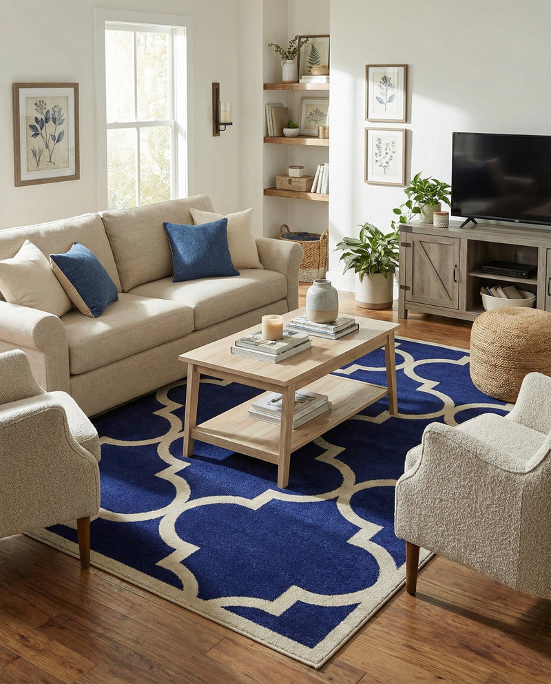 Lattice Gardens Collection Area Rug -  Espaliera Rectangle Navy Blue  lifestyle 18