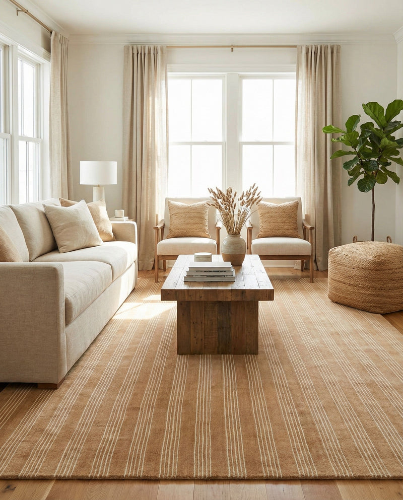 Hampton Stripes Wool Collection Area Rug - Montauk Rectangle Latte Brown  lifestyle 13