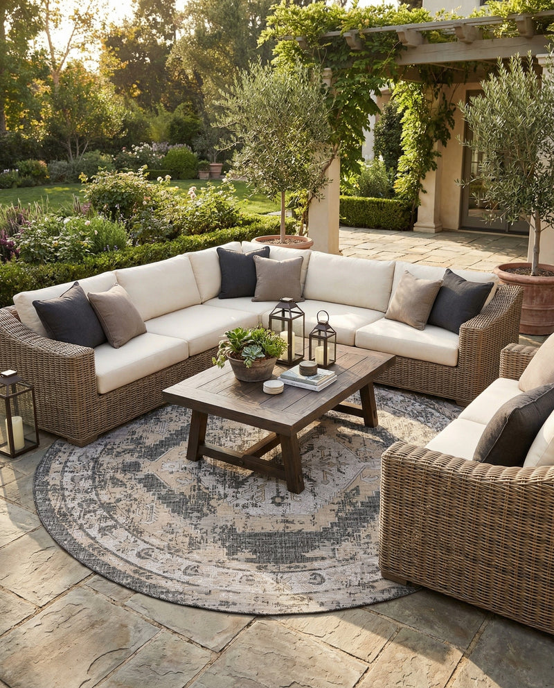 Patio Heritage Collection Area Rug -  Augusta (Charcoal) Round Charcoal  lifestyle 69