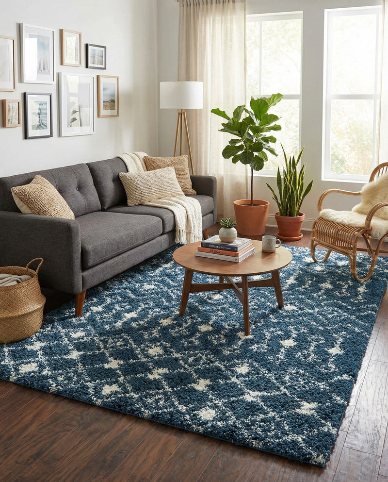Berber Lattice Shag Collection Area Rug - Atlas (Navy Blue) Rectangle Navy Blue  lifestyle 4