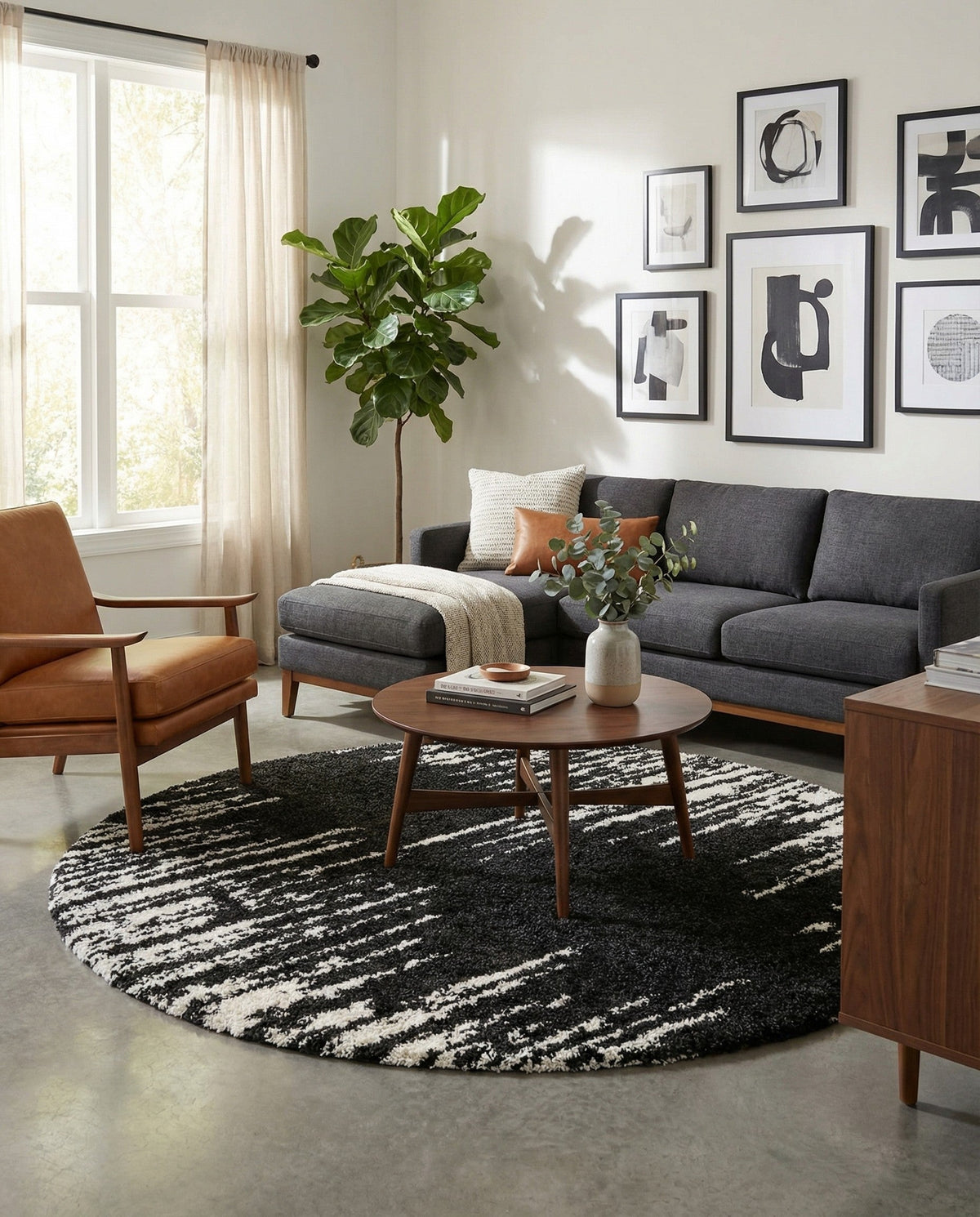 Tranquil Tides Shag Collection Area Rug - Marina Round Black and White  lifestyle 99