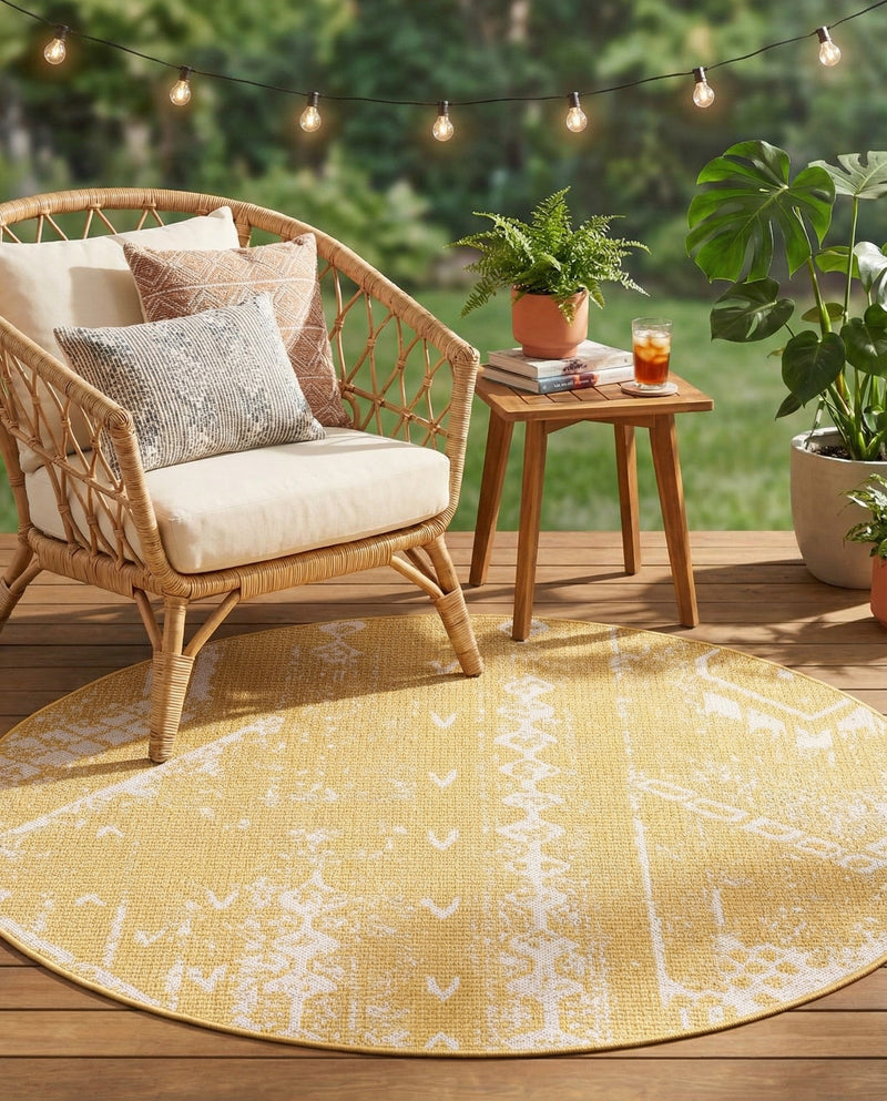 Desert Nomad Terrace Collection Area Rug - Sahara (Yellow) Round Yellow  lifestyle 28