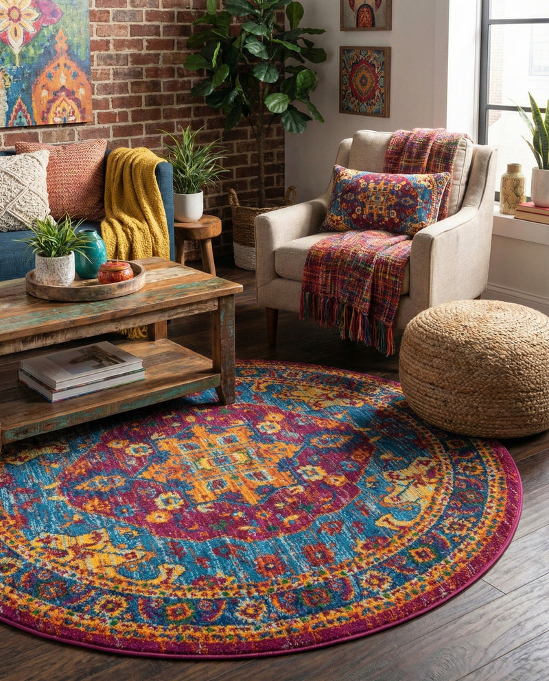 Caribbean Cove Collection Area Rug -  Canouan Round Pink Blue  lifestyle 40
