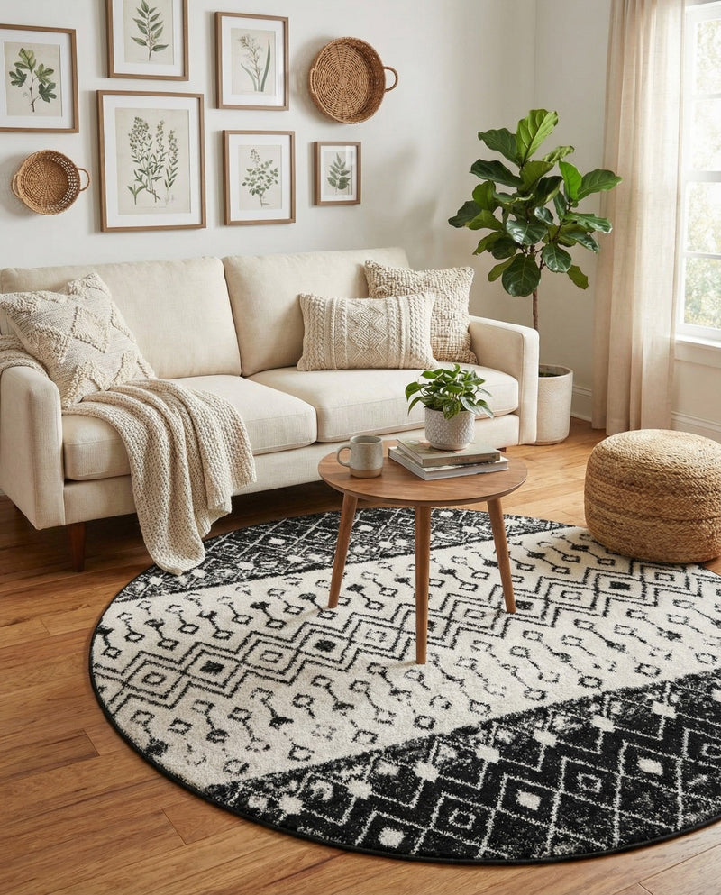 Mediterranean Lattice Collection Area Rug -  Casablanca (Black and White) Round Black and White  lifestyle 51