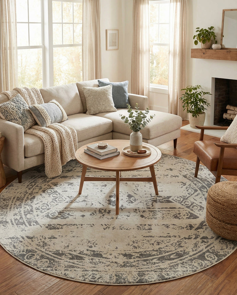 Brighton Stripes Collection Area Rug - Sussex (Ivory and Gray) Round Ivory and Gray  lifestyle 28