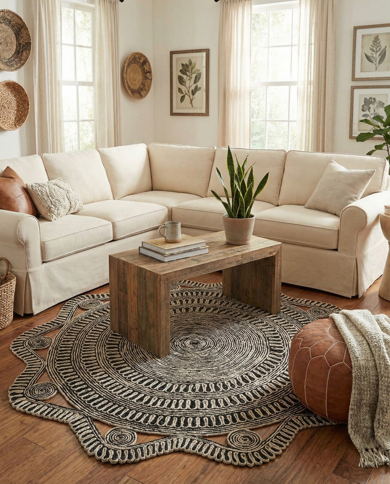 Woven Seaside Jute Collection Area Rug - Nantucket Round Black and White  lifestyle 12