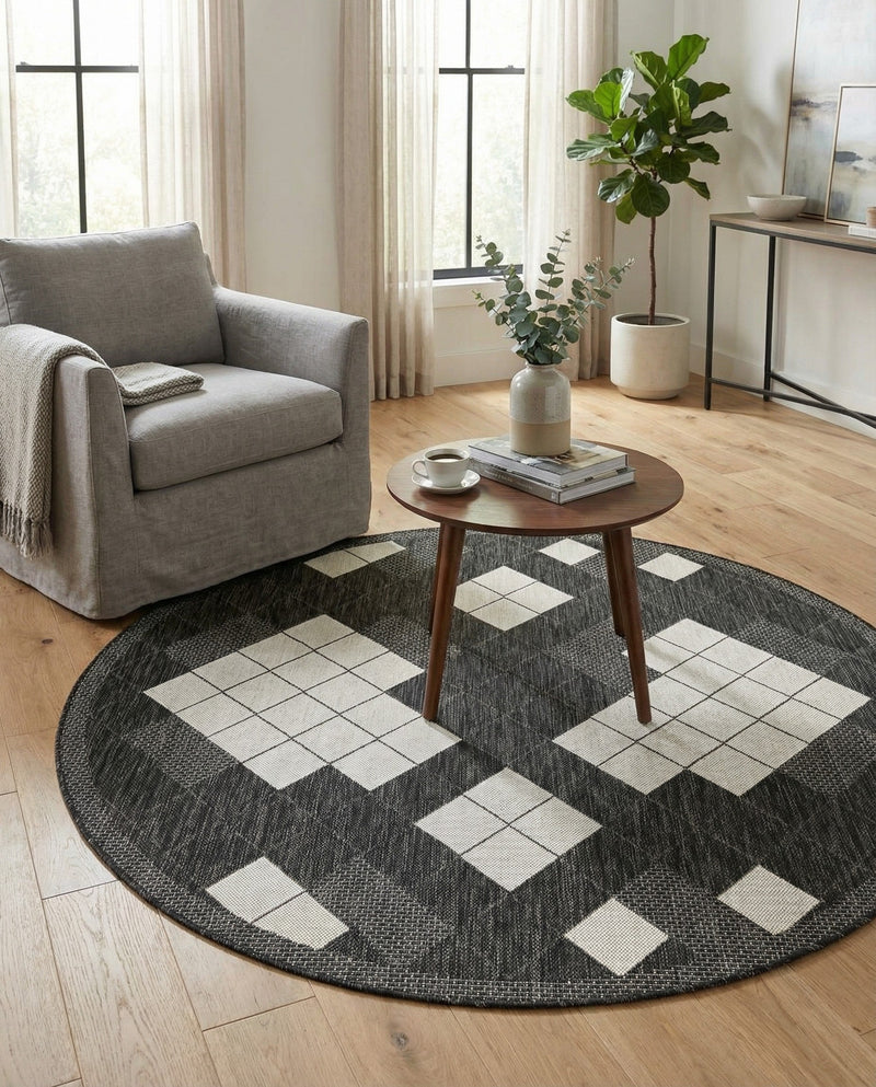 Urban Terrace Collection Area Rug -  Williamsburg Round Black and White  lifestyle 67