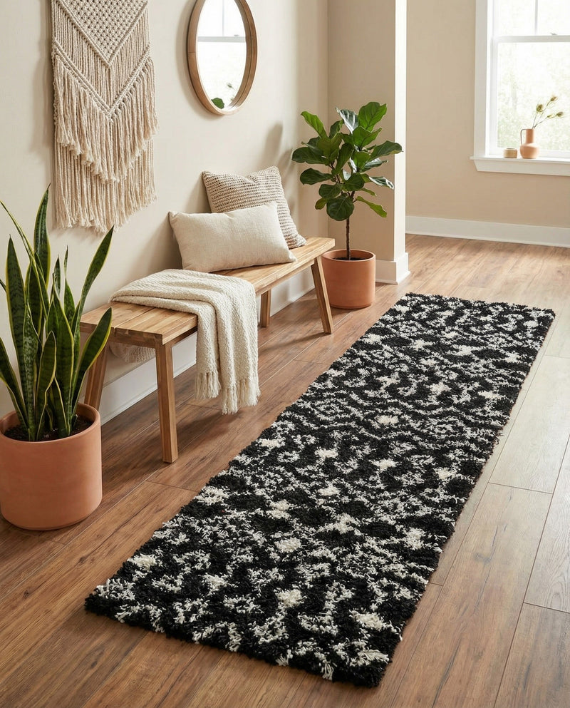 Berber Lattice Shag Collection Area Rug - Atlas (Black and White) Runner Black and White  lifestyle 23