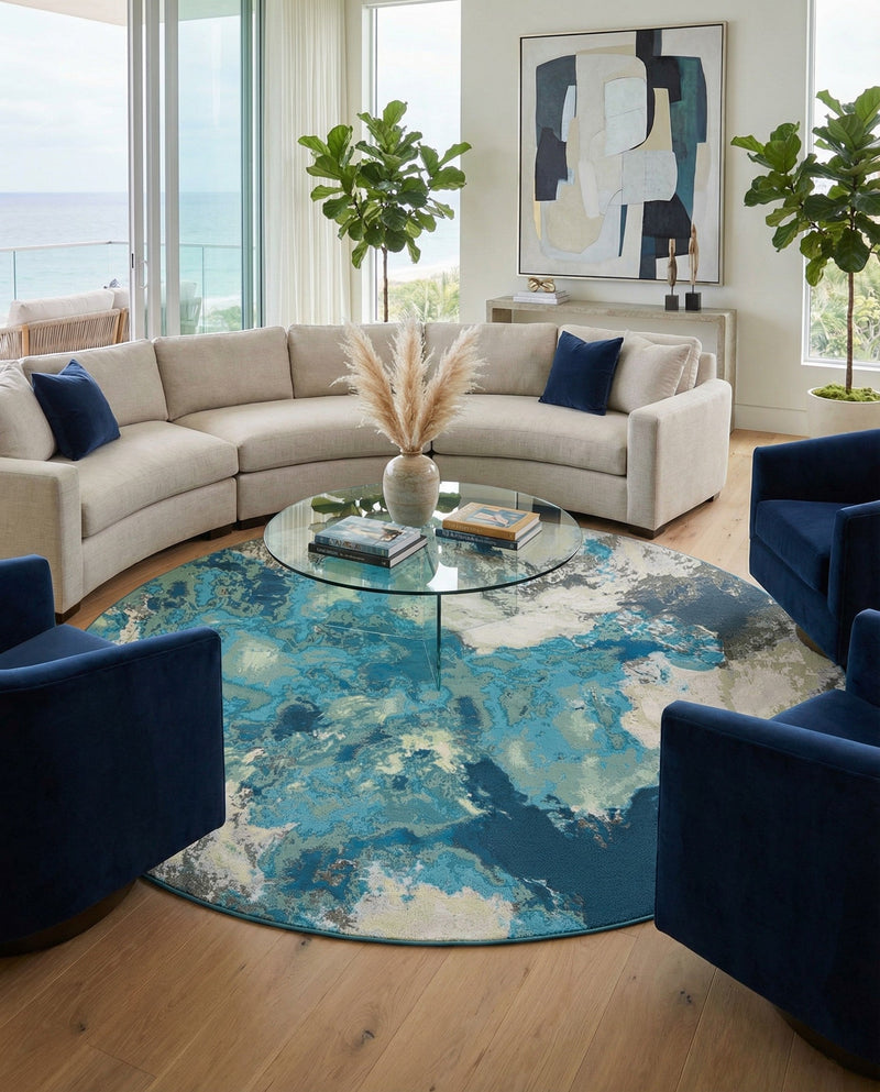 Urban Terrace Collection Area Rug -  Gazebo Round Blue and Ivory  lifestyle 31