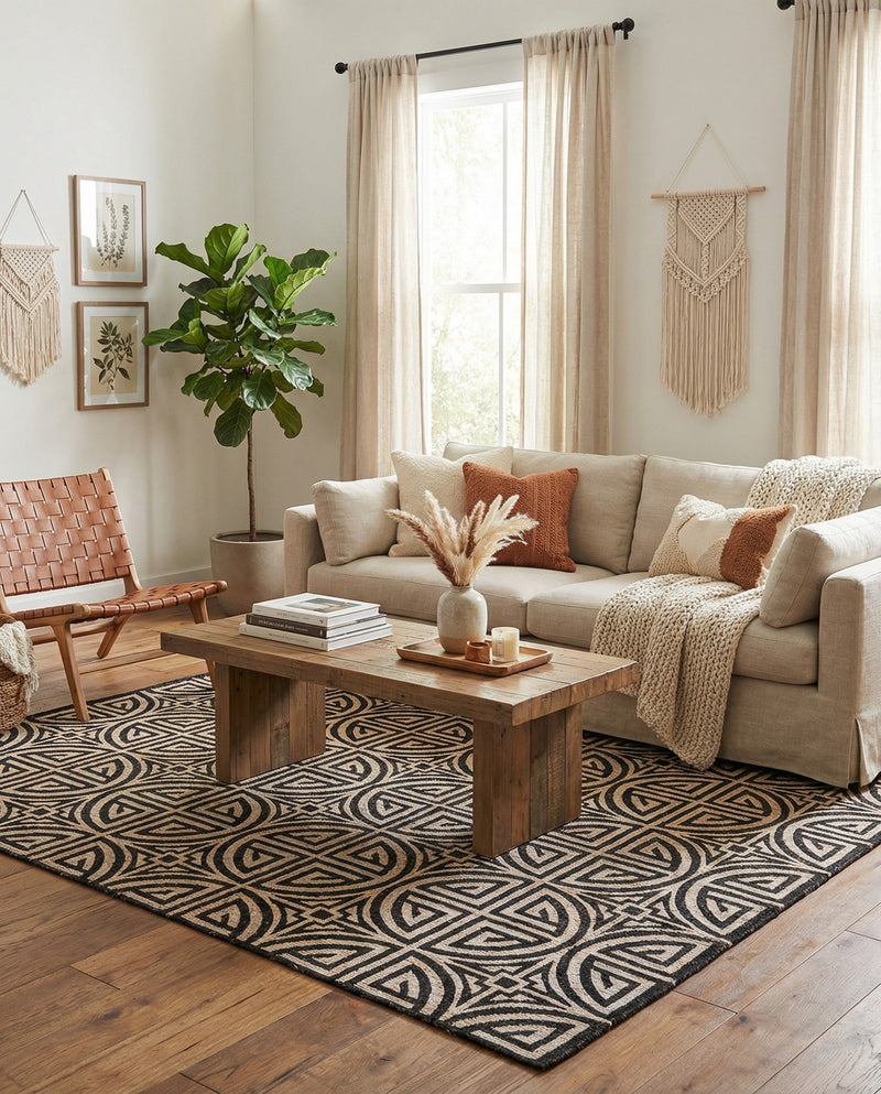 Savannah Threads Collection Area Rug -  Thar Rectangle Black and Ivory  lifestyle 17
