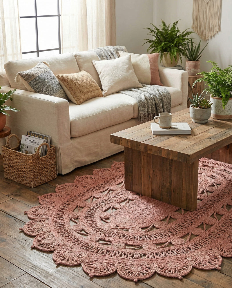 Woven Seaside Jute Collection Area Rug - Coastalhaven (Pink) Oval Pink  lifestyle 7