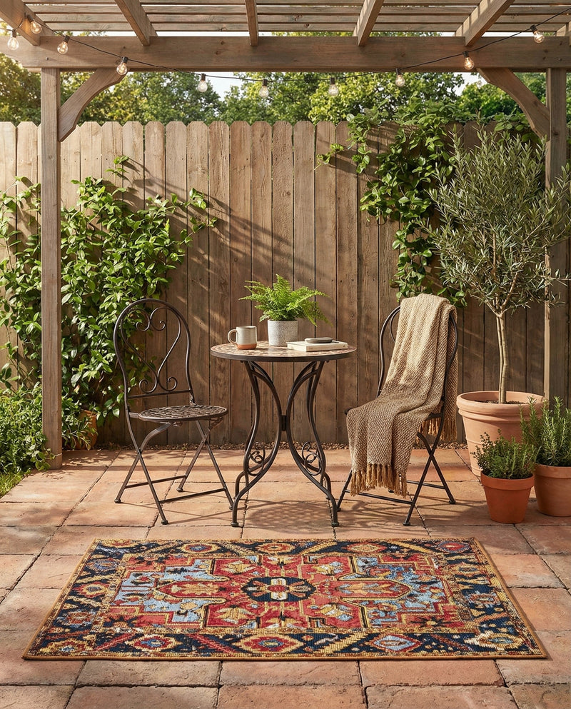 Patio Heritage Collection Area Rug -  Garden Rectangle Rust Red and Blue  lifestyle 26