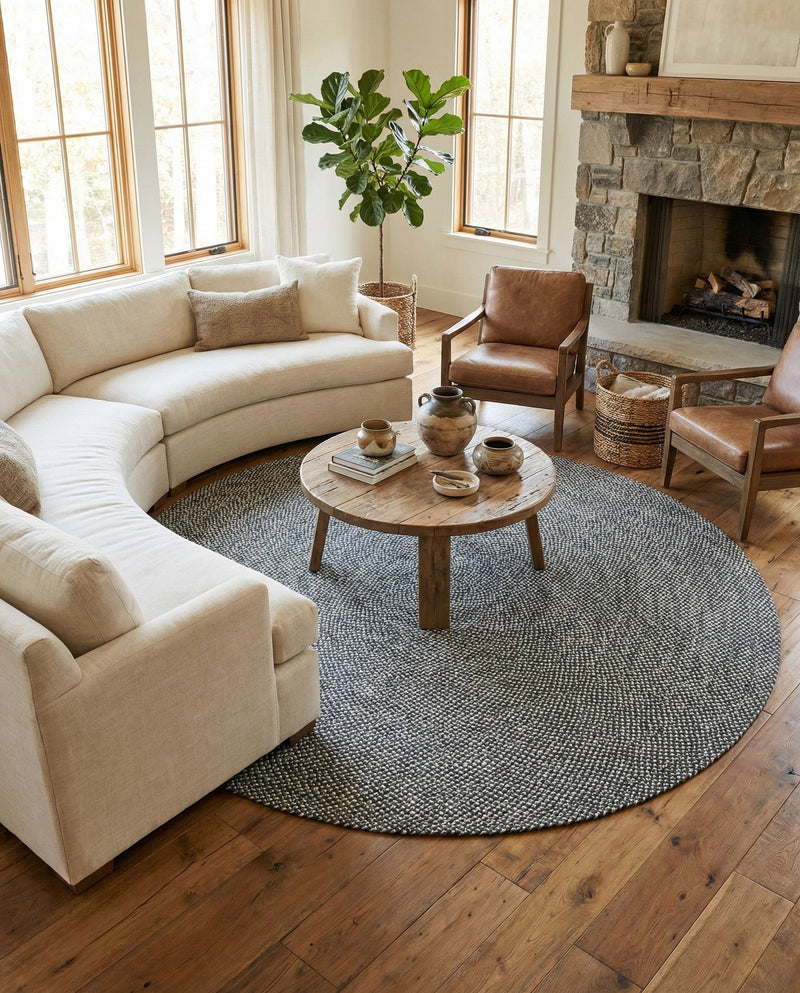 Highland Woven Jute Collection Area Rug - Glenmore (Navy Blue) Round Navy Blue  lifestyle 63