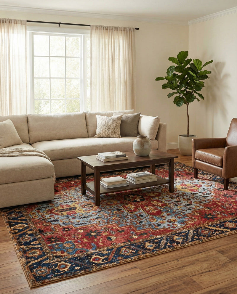 Patio Heritage Collection Area Rug -  Garden Rectangle Rust Red and Blue  lifestyle 15
