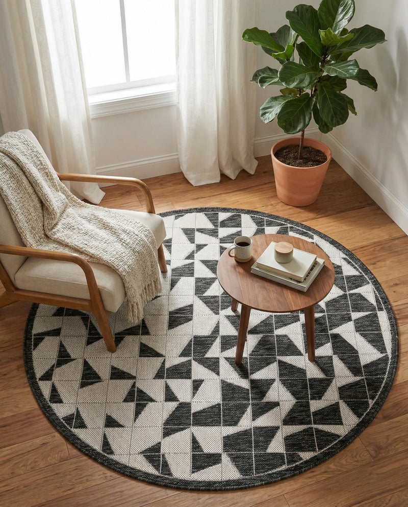 Urban Terrace Collection Area Rug -  Mercer Round Black and White  lifestyle 60