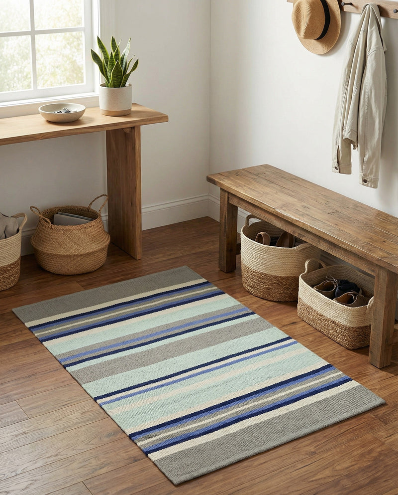 Coastal Stripe Dhurrie Collection Area Rug - Seashore Rectangle Aqua Blue and Gray  lifestyle 20