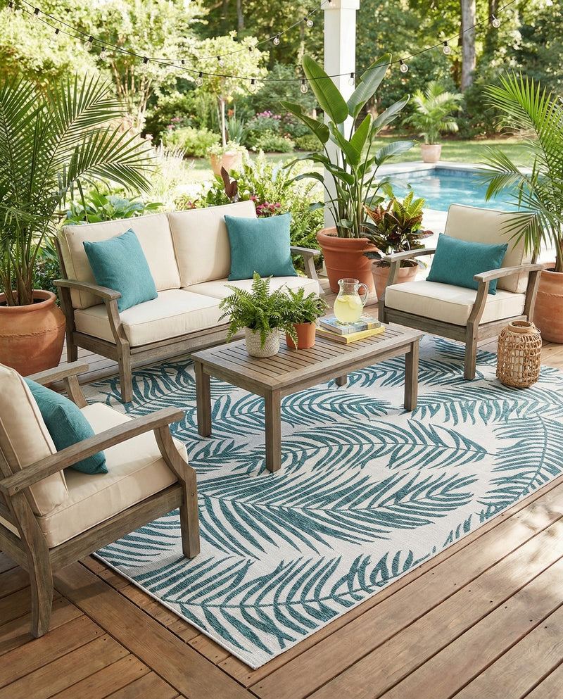Seaside Blooms Collection Area Rug - Verdure (Teal Ivory) Rectangle Teal Ivory  lifestyle 13