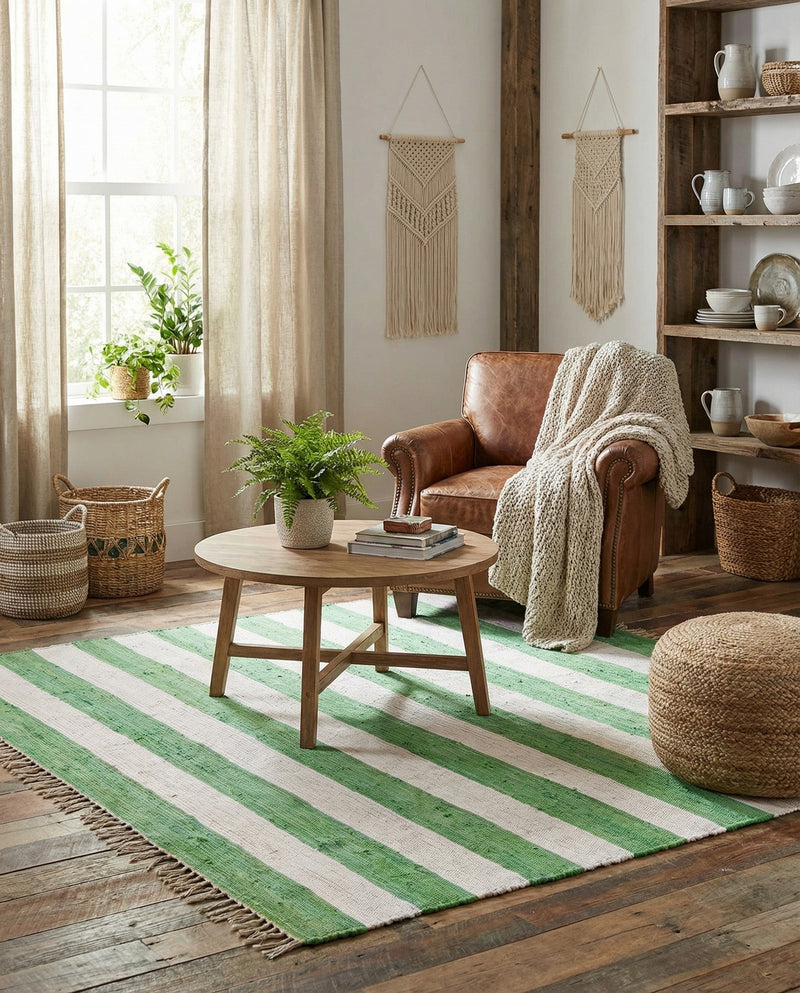 Tassel Trail Collection Area Rug - Pathway (Green and Ivory) Square Green and Ivory  lifestyle 57