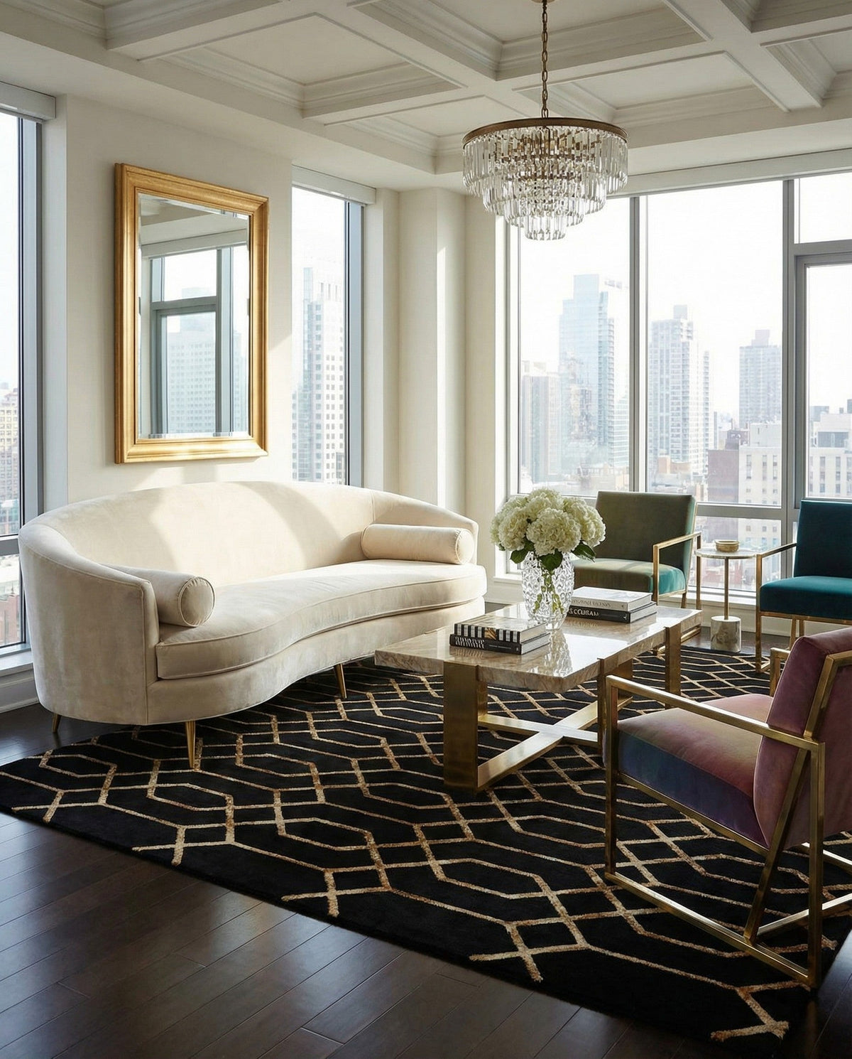 Hollywood Luxe Collection Area Rug - Sunset Square Black and Gold  lifestyle 178