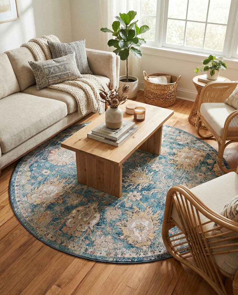 Seville Stripes Collection Area Rug -  Cordoba (Blue) Round Blue  lifestyle 61
