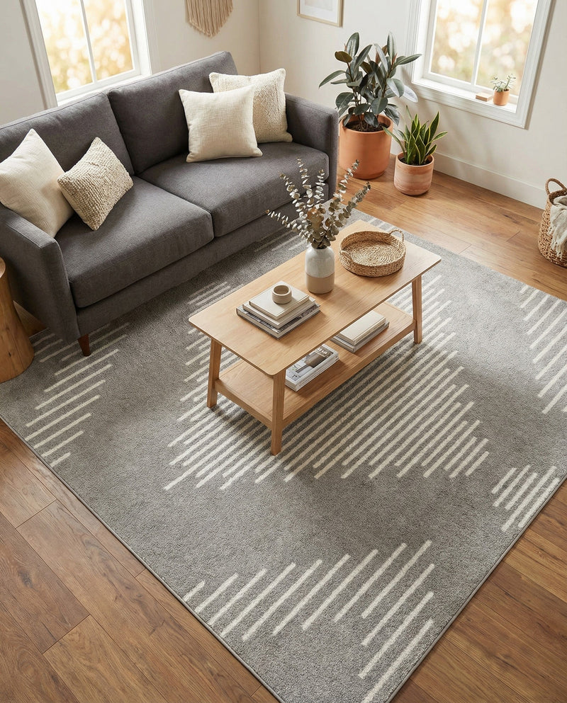 Seychelles Stripes Collection Area Rug - Mahe (Gray and Ivory) Square Gray and Ivory  lifestyle 19