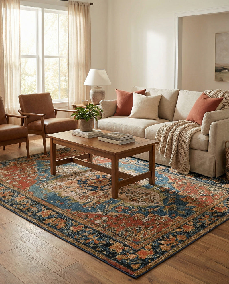Patio Heritage Collection Area Rug -  Grove Rectangle Navy Blue and Rust Red  lifestyle 10