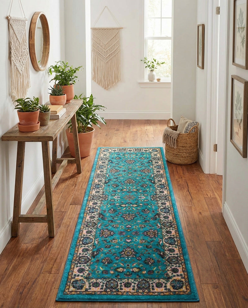 Casablanca Tapestry Collection Area Rug -  Marrakech (Arctic Aqua Blue) Runner Arctic Aqua Blue  lifestyle 37
