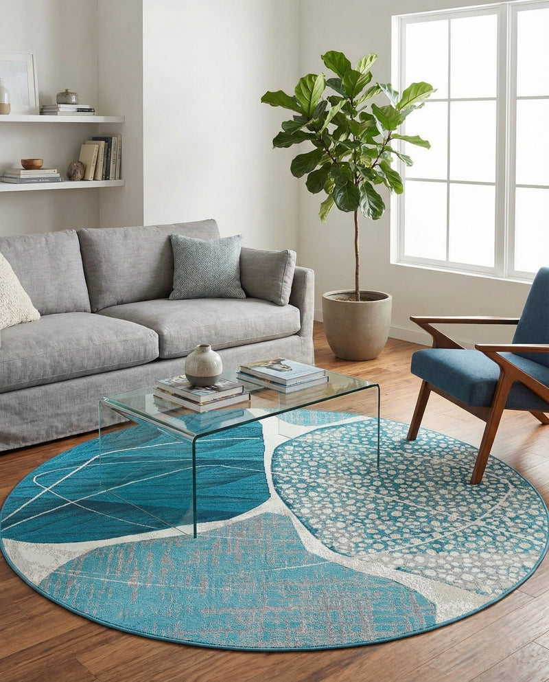 Urban Terrace Collection Area Rug -  Courtyard Round Blue and Ivory  lifestyle 50