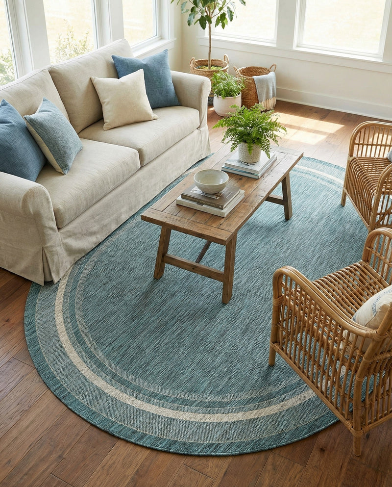 Terrace Fringe Collection Area Rug - Veranda (Teal) Oval Teal  lifestyle 76