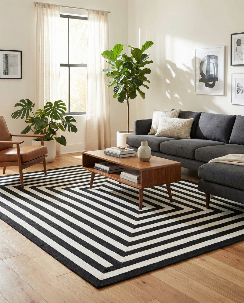 Sustainable Strands Indoor-Outdoor Oasis Collection Area Rug - Harborview Rectangle Black and White  lifestyle 18