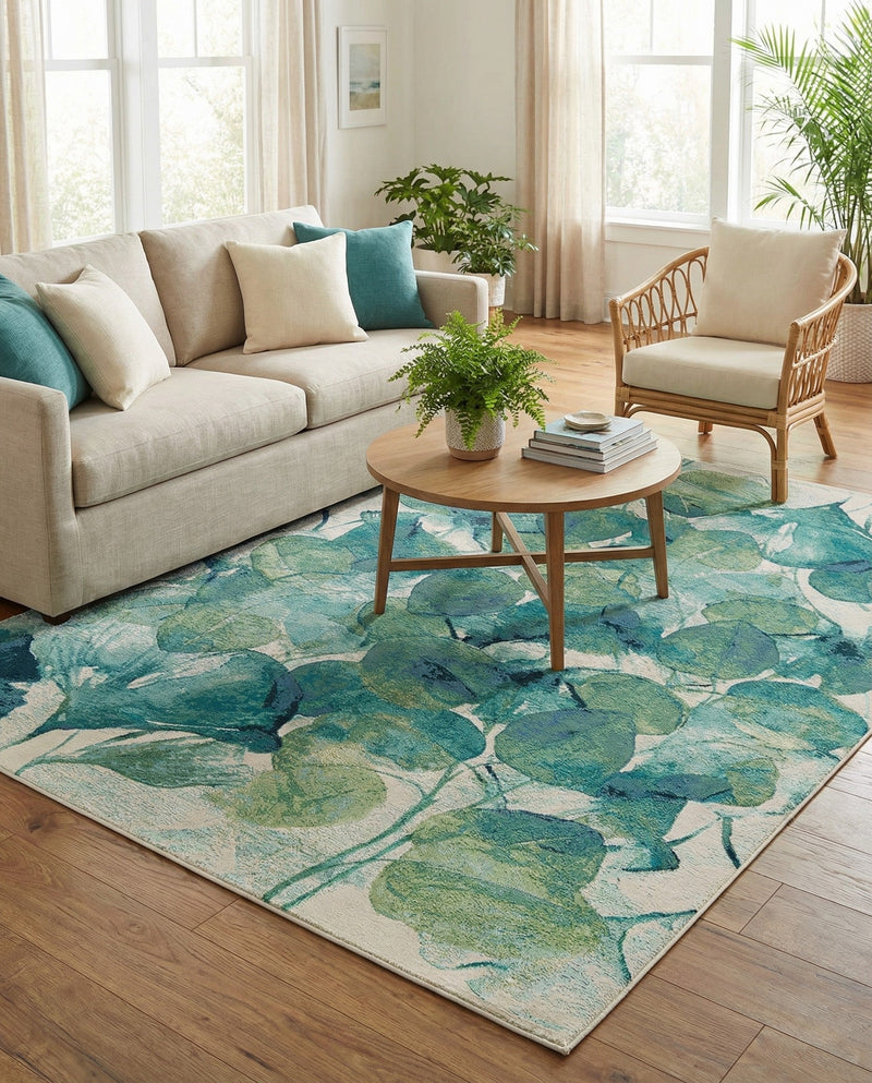 Seaside Blooms Collection Area Rug -  Flora Rectangle Blue Green  lifestyle 55