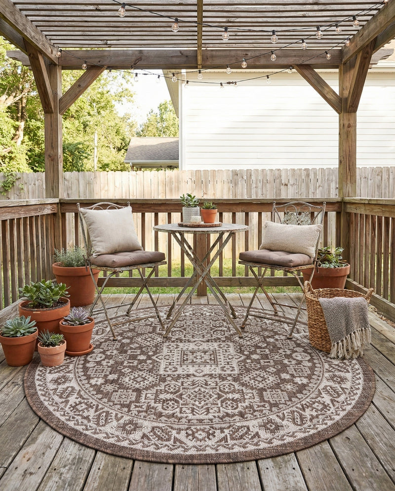 Tribal Terrace Treasures Collection Area Rug -  Incan Isle (Brown) Round Brown  lifestyle 82