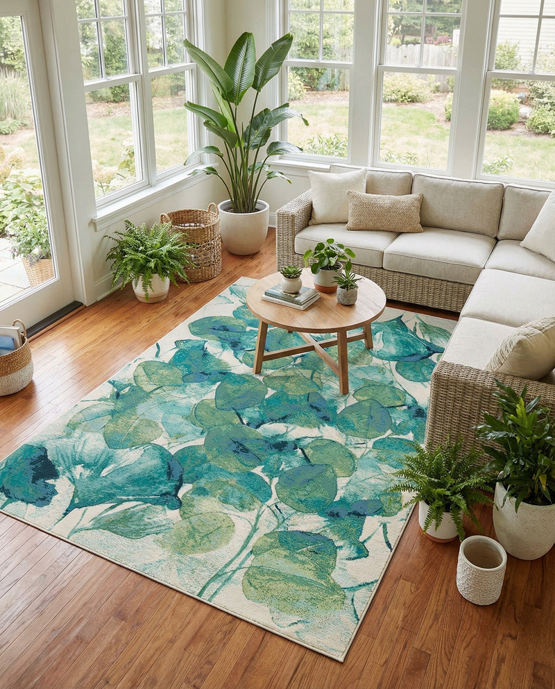 Seaside Blooms Collection Area Rug -  Flora Rectangle Blue Green  lifestyle 56