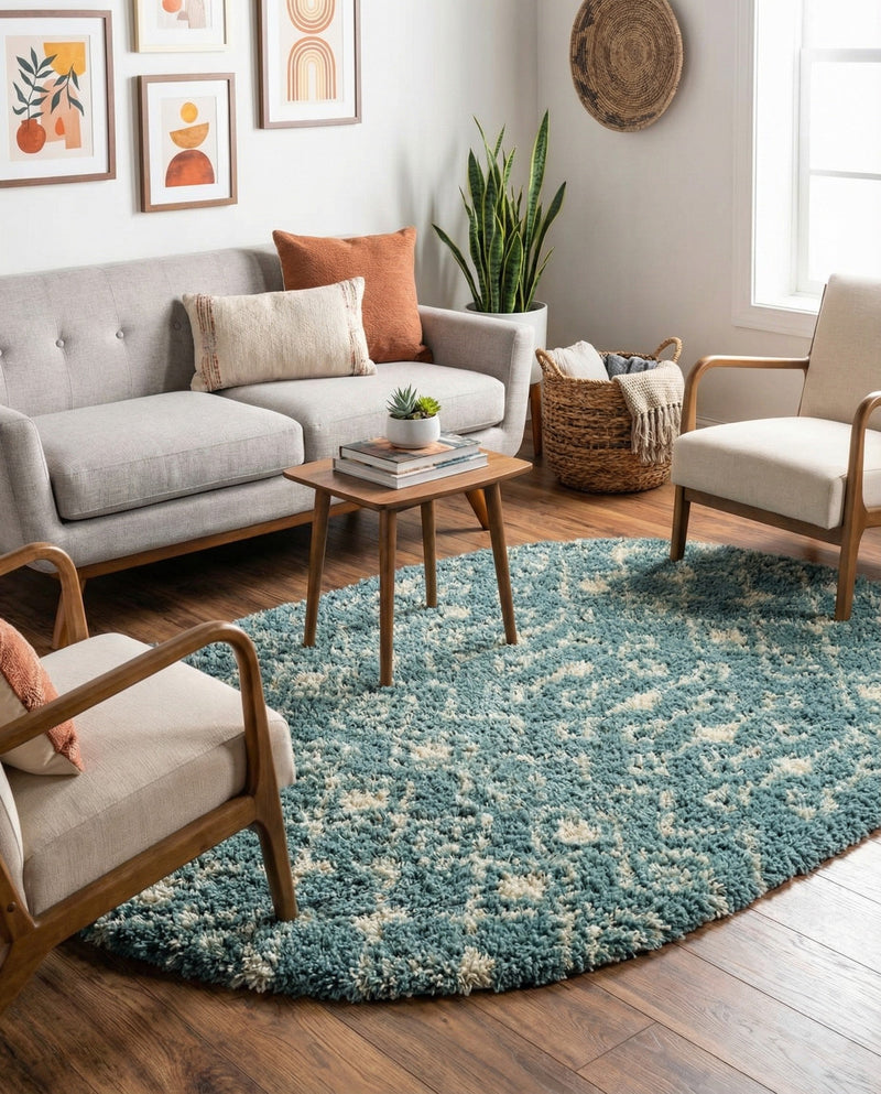Berber Lattice Shag Collection Area Rug - Atlas (Light Blue) Oval Light Blue  lifestyle 26