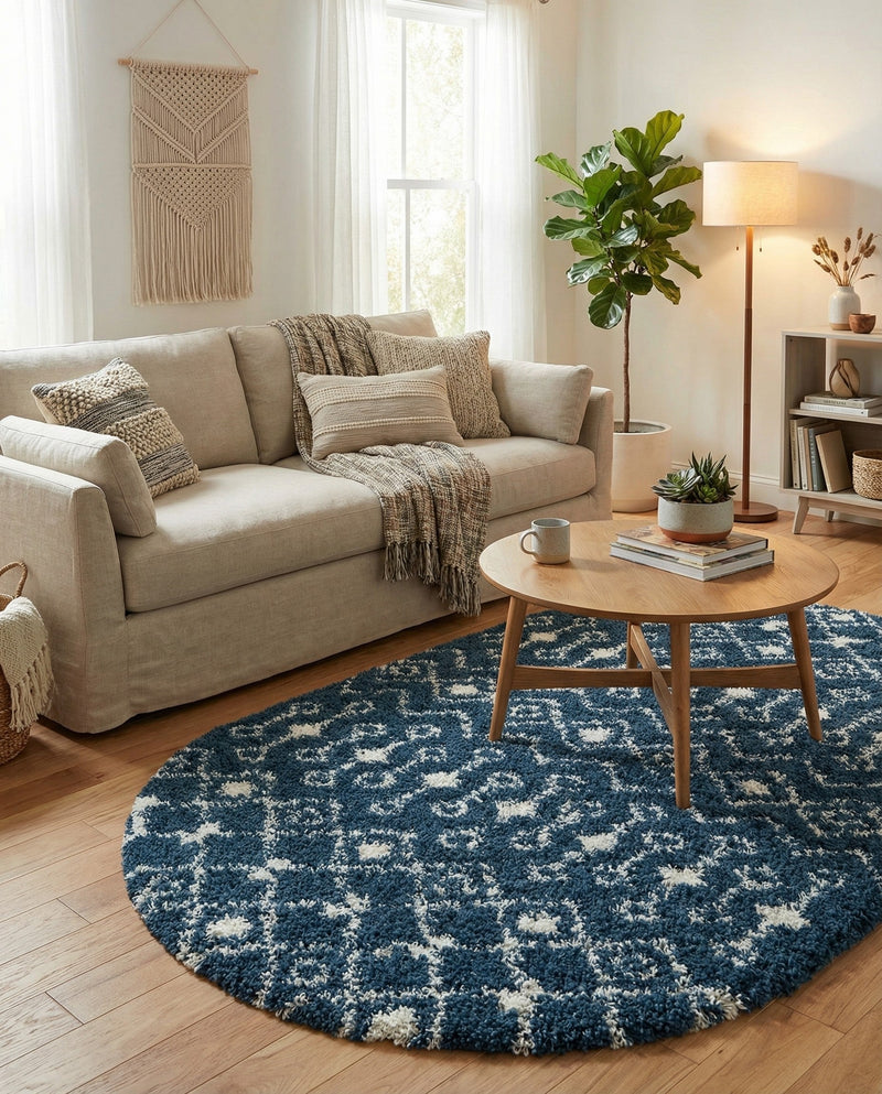 Berber Lattice Shag Collection Area Rug - Atlas (Navy Blue) Oval Navy Blue  lifestyle 28