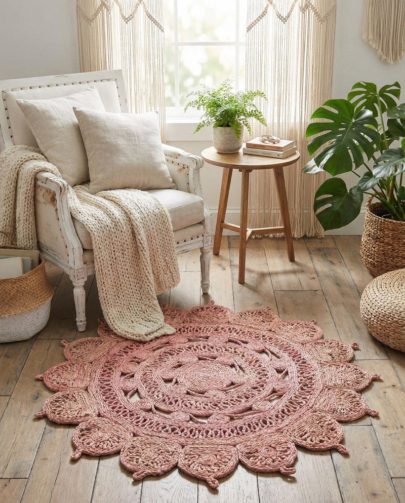 Woven Seaside Jute Collection Area Rug - Coastalhaven (Pink) Round Pink  lifestyle 8