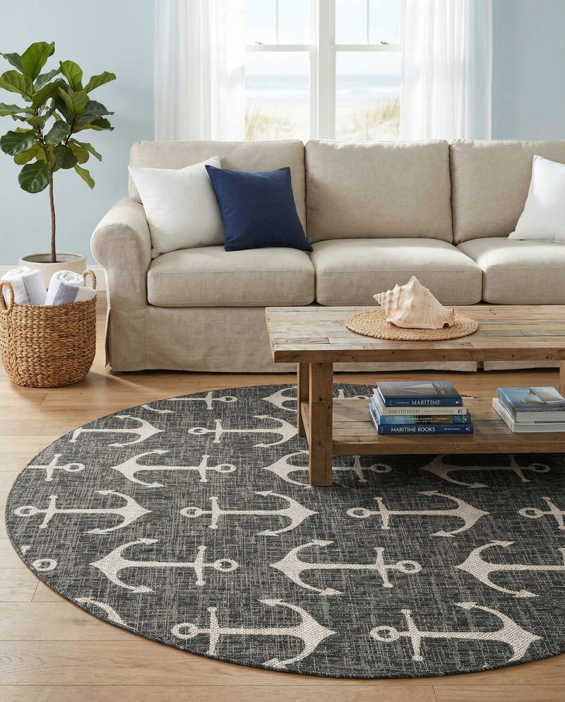 Seaside Haven Rugs Collection Area Rug - Sapphire (Charcoal) Round Charcoal  lifestyle 27
