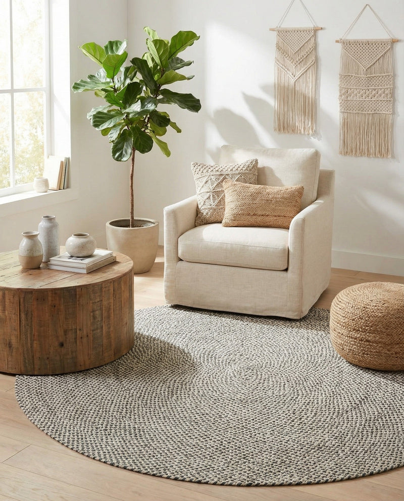 Highland Woven Jute Collection Area Rug - Glenmore (Gray) Round Gray  lifestyle 54