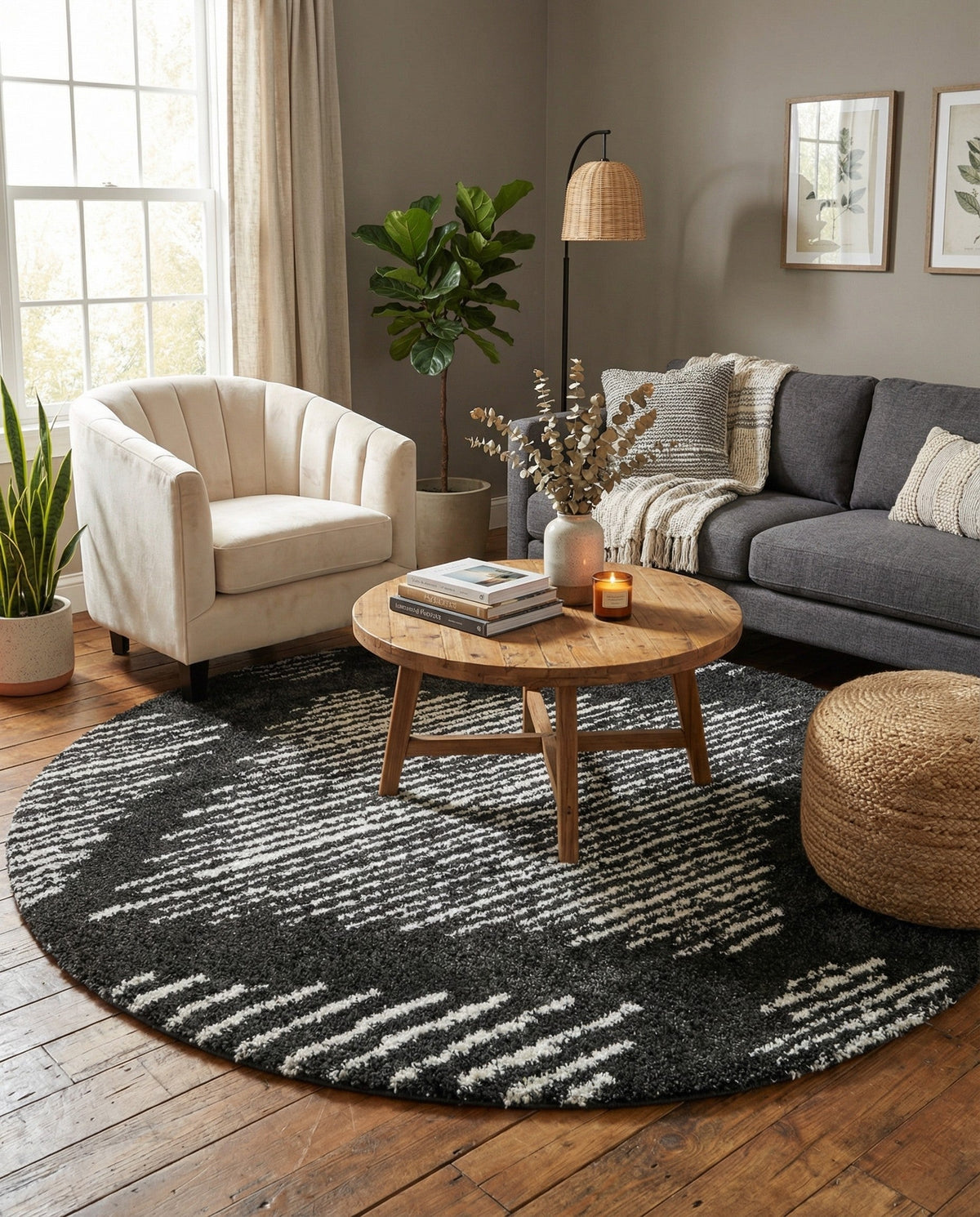 Tranquil Tides Shag Collection Area Rug -  Azure Round Black and White  lifestyle 88