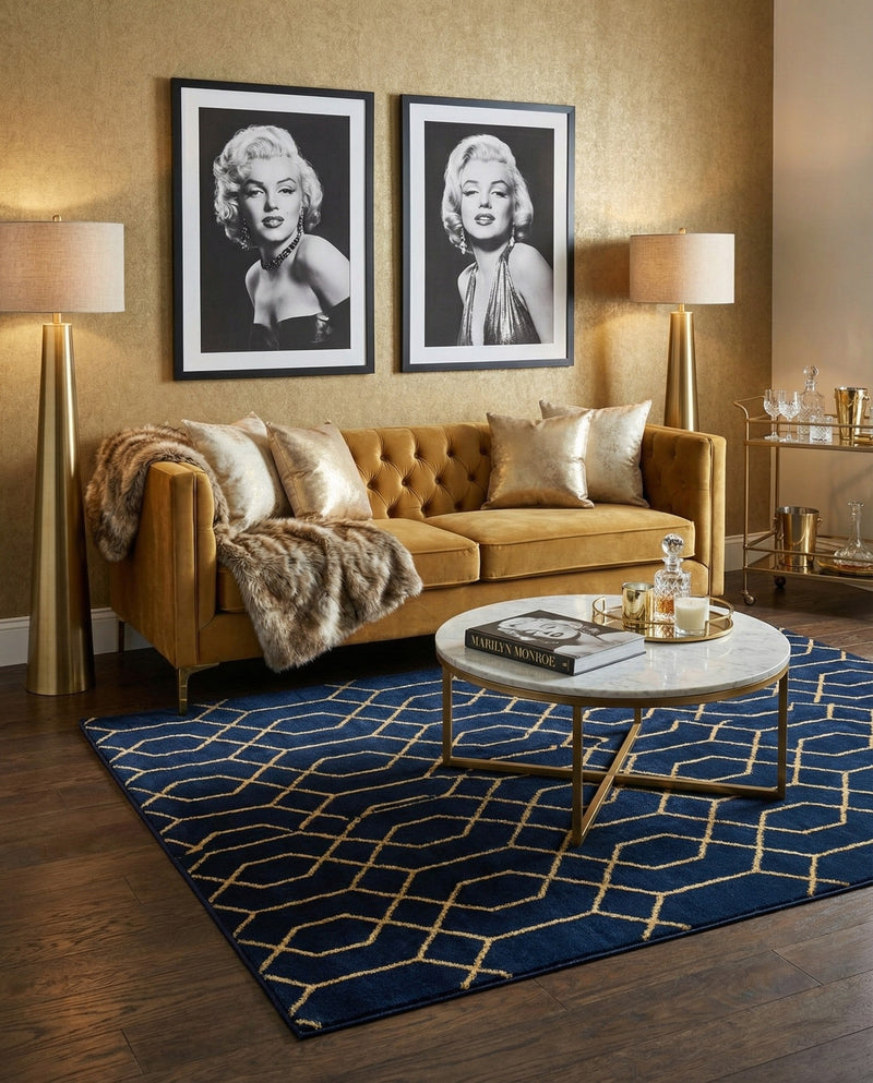 Hollywood Luxe Collection Area Rug - Sunset (Navy Blue Gold) Rectangle Navy Blue Gold  lifestyle 15