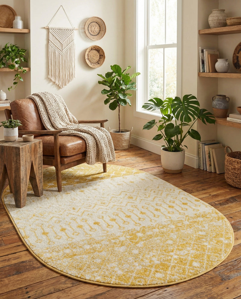 Mediterranean Lattice Collection Area Rug -  Casablanca (Ivory and Yellow) Oval Ivory and Yellow  lifestyle 60