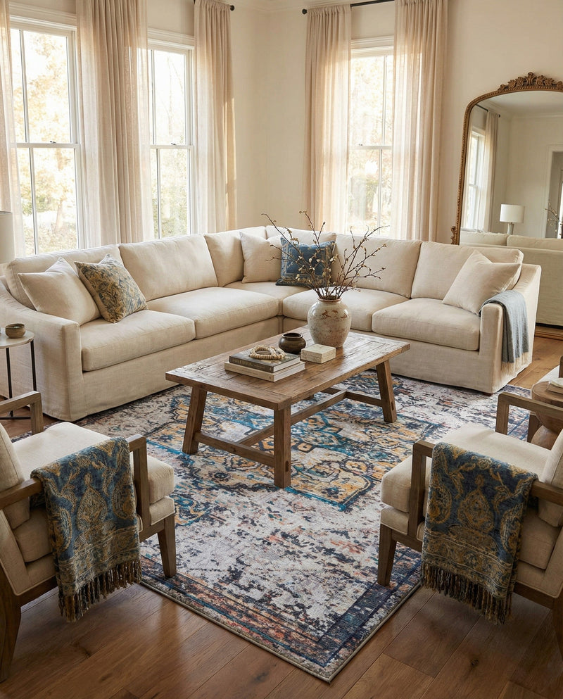 Baroque Era Collection Area Rug - Versailles (Sea Salt White) Rectangle Sea Salt White  lifestyle 15