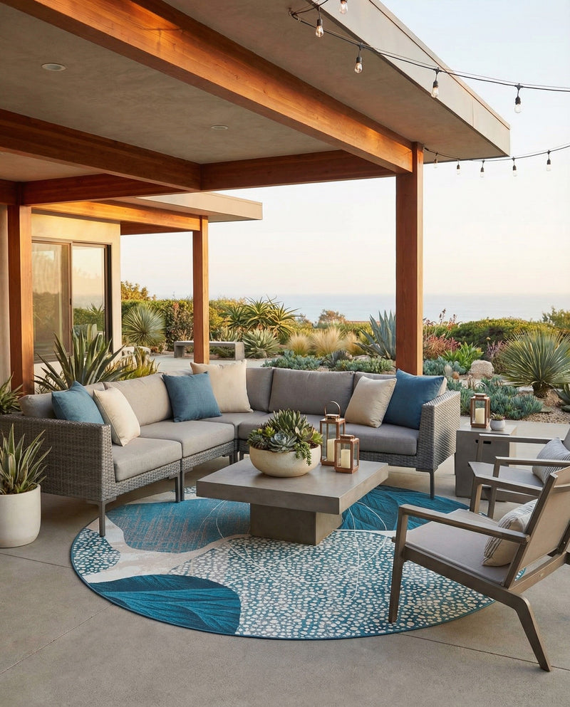 Urban Terrace Collection Area Rug -  Courtyard Round Blue and Ivory  lifestyle 31