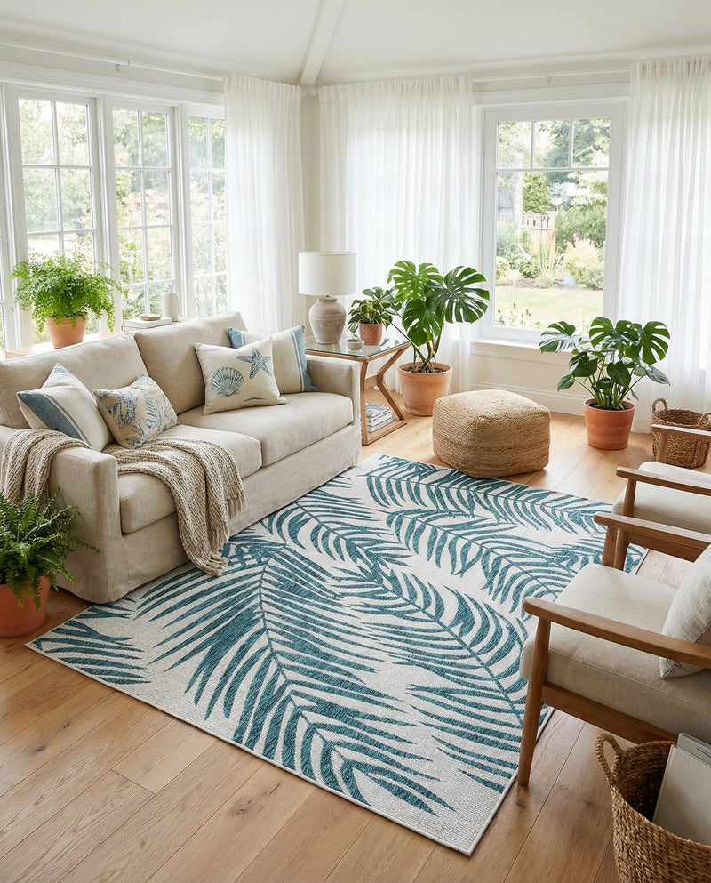 Seaside Blooms Collection Area Rug - Verdure (Teal Ivory) Rectangle Teal Ivory  lifestyle 16