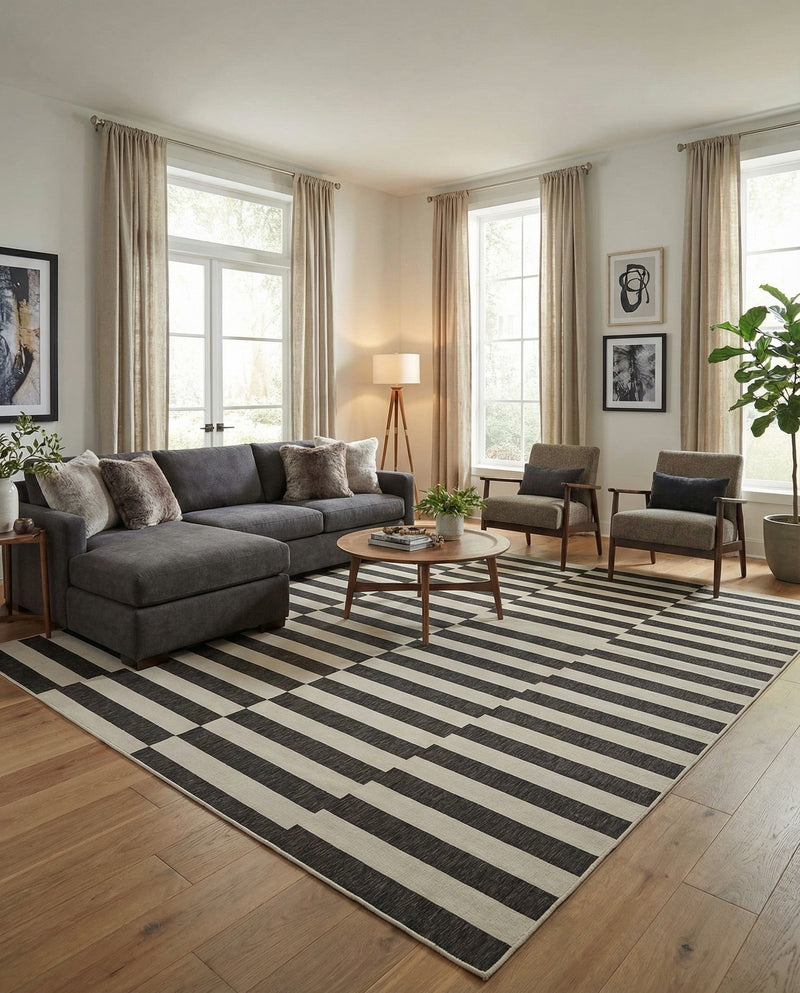 Seaside Stripes Collection Area Rug - Cabana (Charcoal) Square Charcoal  lifestyle 41