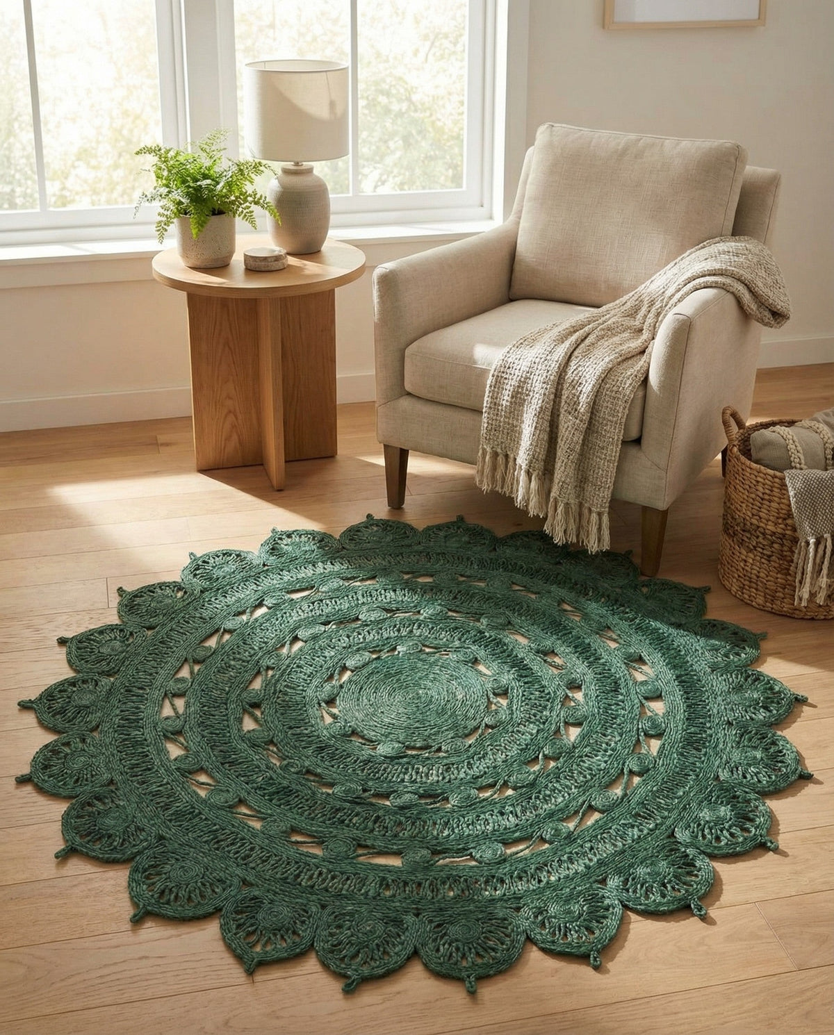 Woven Seaside Jute Collection Area Rug - Coastalhaven (Hunter Green) Round Hunter Green  lifestyle 8