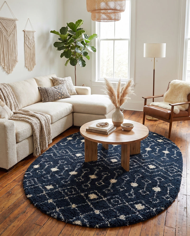 Berber Lattice Shag Collection Area Rug - Atlas (Navy Blue) Oval Navy Blue  lifestyle 84
