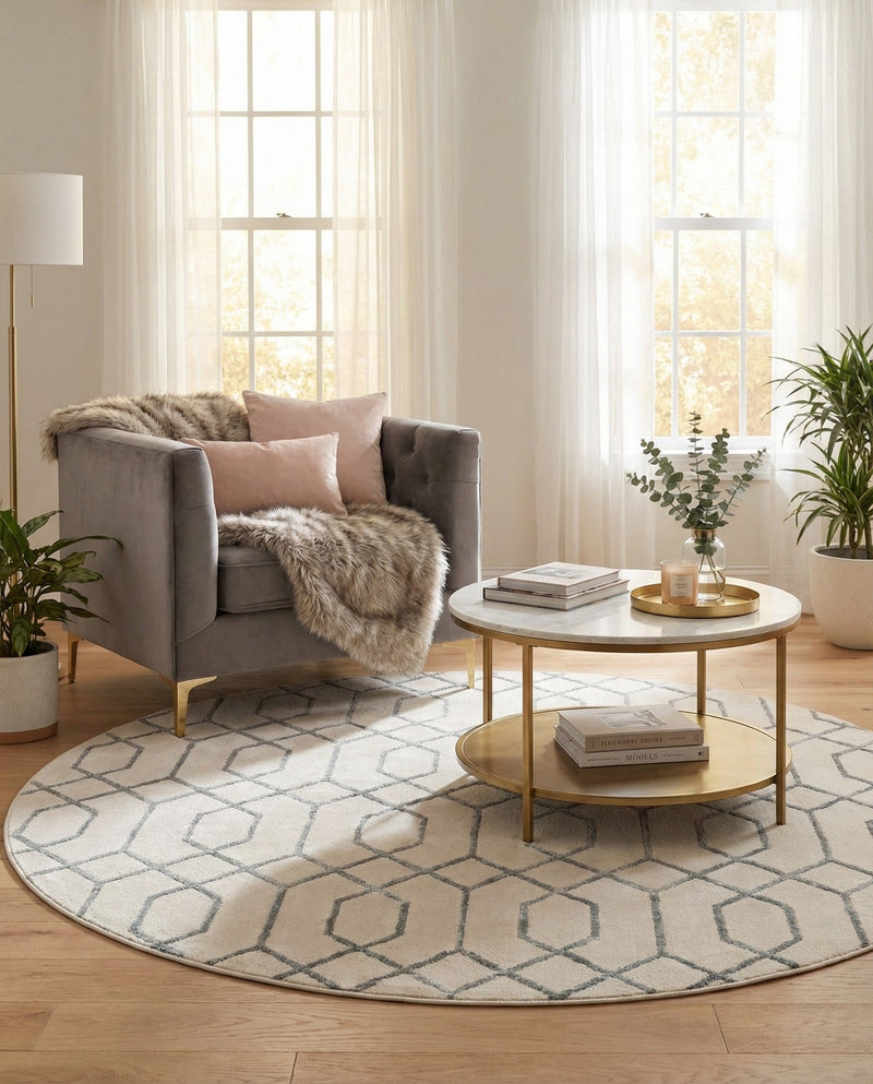 Hollywood Luxe Collection Area Rug - Sunset (White Silver) Round White Silver  lifestyle 59
