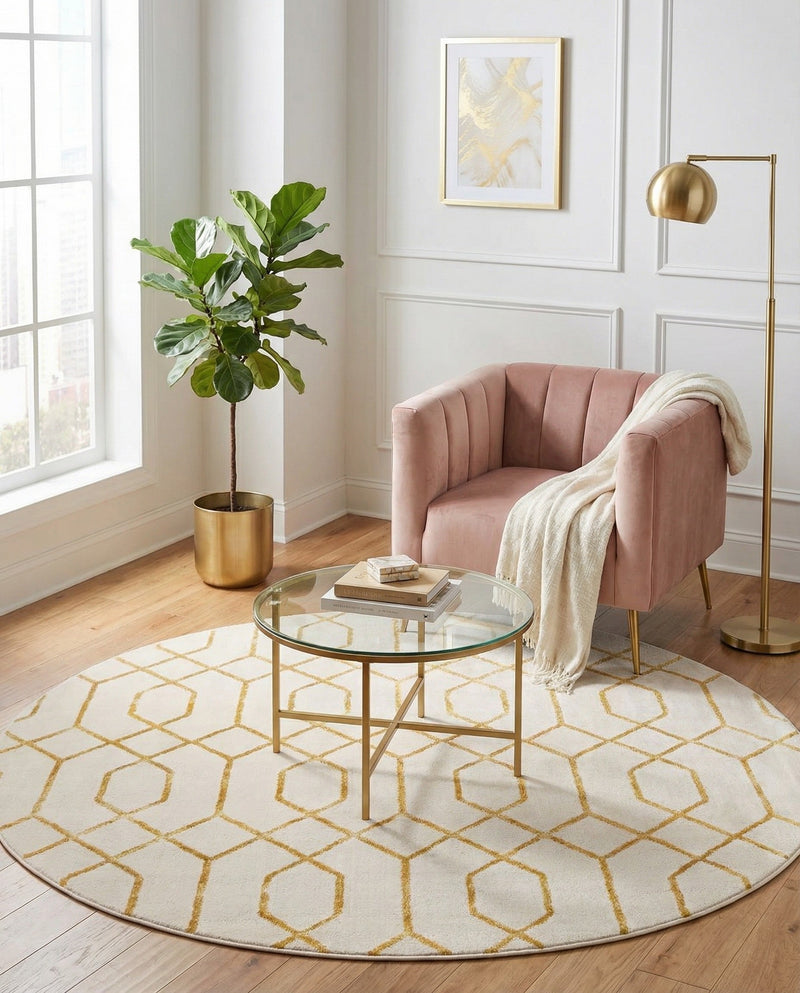 Hollywood Luxe Collection Area Rug - Sunset (White Gold) Round White Gold  lifestyle 48